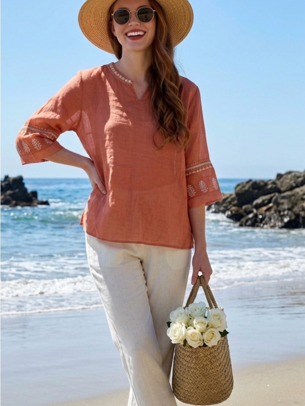 Women's Linen Blend Embroidered V-Neck Top - Rust